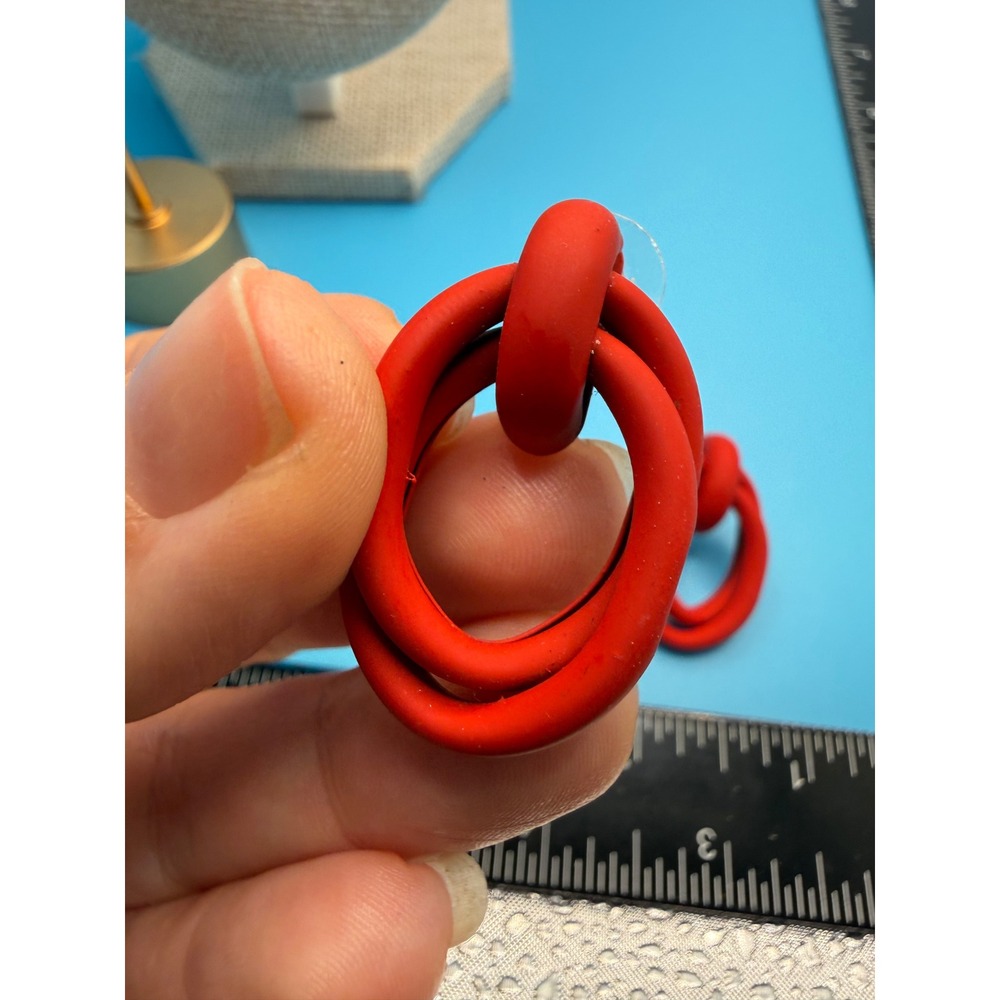Red Matte Interlocking Double Hoop Drop Earrings Geometric Statement Post Back - Picture 2 of 4